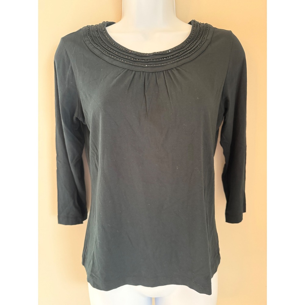 Chico's Beaded Neckline Top Size 0 Black 3/4 Sleeve Stretch Blouse
